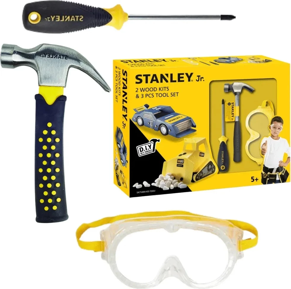 Set lodrash vegla për fëmijë Stanley Jr U004-K02-T03-SY, 2 automjete DIY (makinë garash & ekskavator) + 3 vegla, set 5 copë, e verdhë/zezë