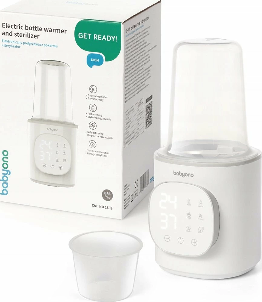 Ngrohës shisheje dhe sterilizues qumështi elektronik BabyOno 6-në-1 ONO-52483 200W, i bardhë, set me kapak + shportë + gotë matëse 80 ml