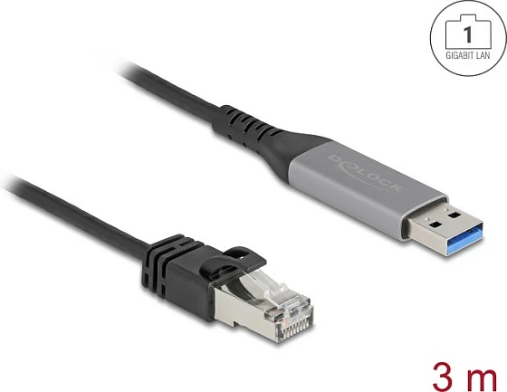 Kabllo rrjeti USB DeLOCK USB-A në RJ45 Gigabit Ethernet, 3 m, Cat6, e zezë/anthracite