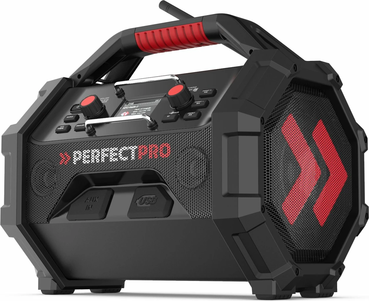 Radio ndërtimi PerfectPro ROCKTAGON 18V, DAB+/FM, Bluetooth 5.2, IP65, 230V/18V, e zezë/kuqe