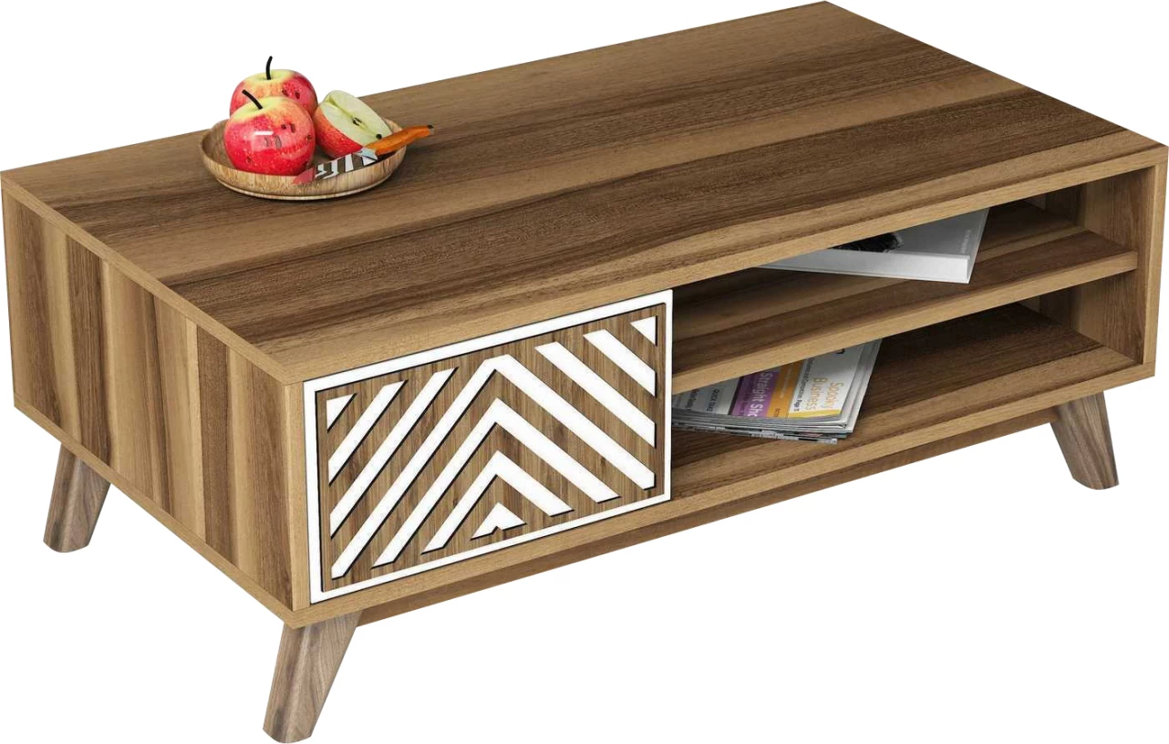 Tavolinë kafeje FH9502.03 melaminë me dollap, ngjyrë arre dhe e bardhë, 105x60x38.2H cm