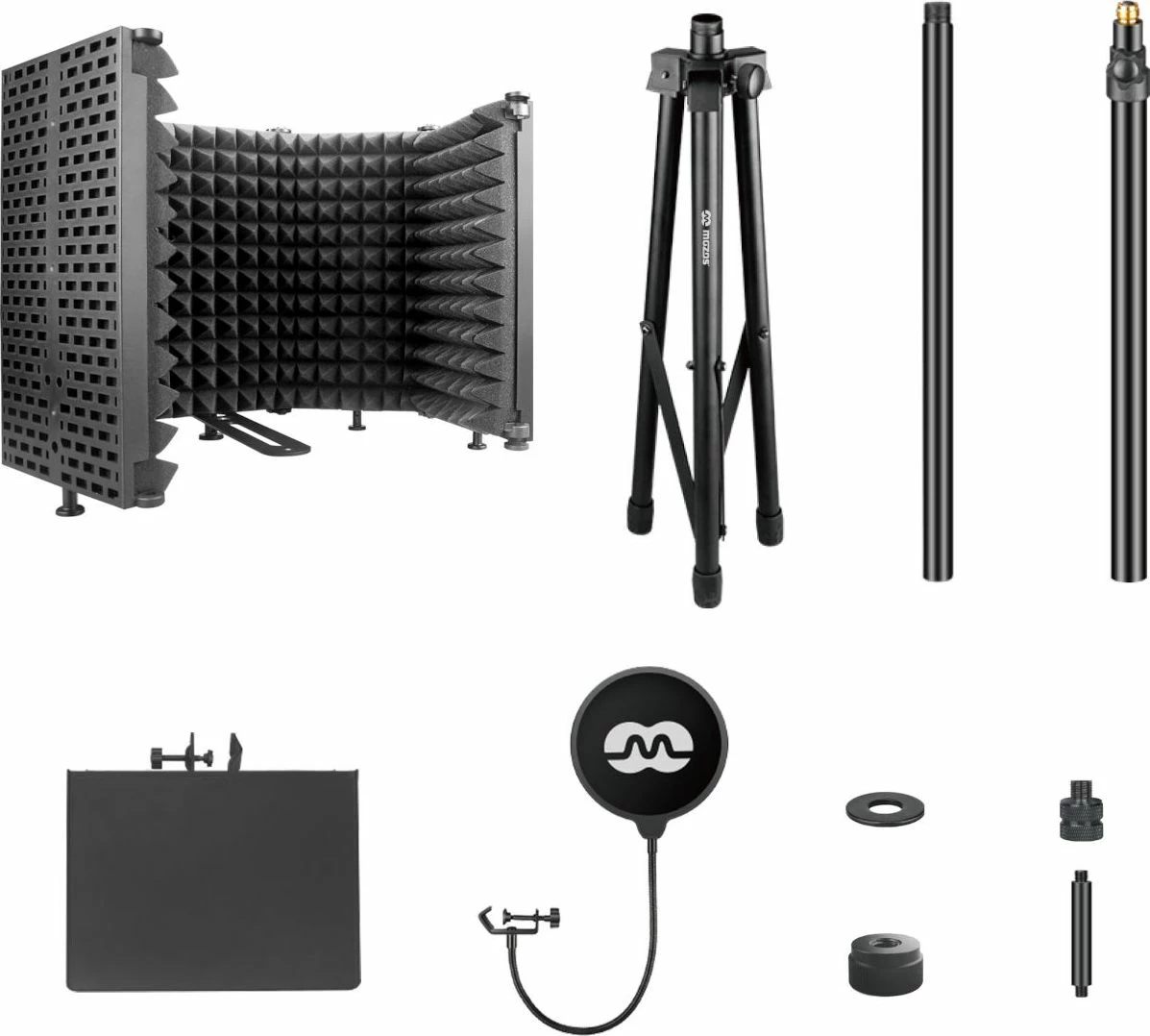 Kabinë akustike për mikrofon Mozos MSHIELD-CABIN-SET me stativ 180 cm, pop filter dhe tray, e zezë, set