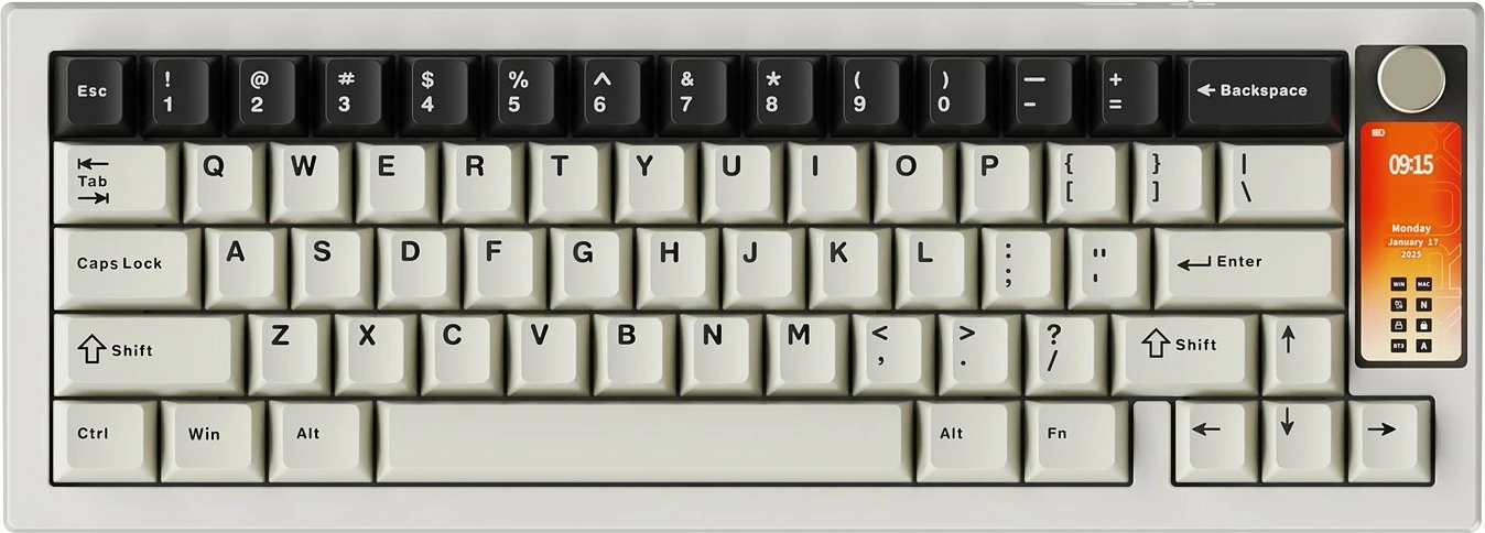 Tastierë mekanike gaming Krux Drox KRXA001 65% US ANSI, ARGB, hot-swap, USB-C/Bluetooth/2.4GHz, Krux Violet (purple), me ekran 2.3", e bardhë/gri