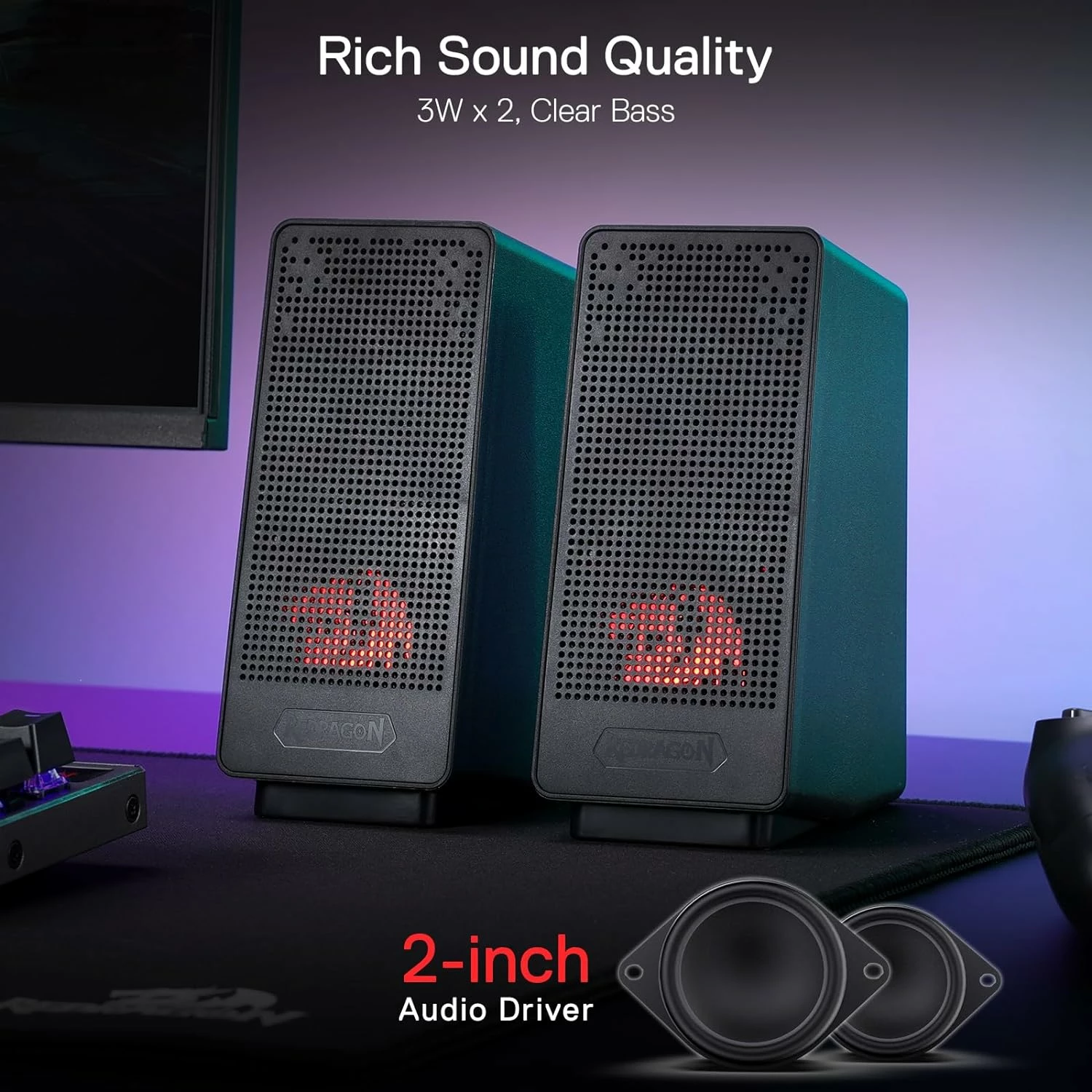 Altoparlantë Redragon Ranch GS513 2.0, USB + 3.5mm, me LED të kuq, të zeza, set 2 copë