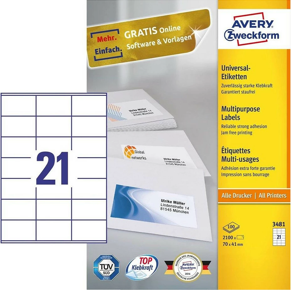 Etiketa universale AVERY Zweckform 3481, A4, 70x41 mm, 100 fletë, ngjitje permanente, të bardha