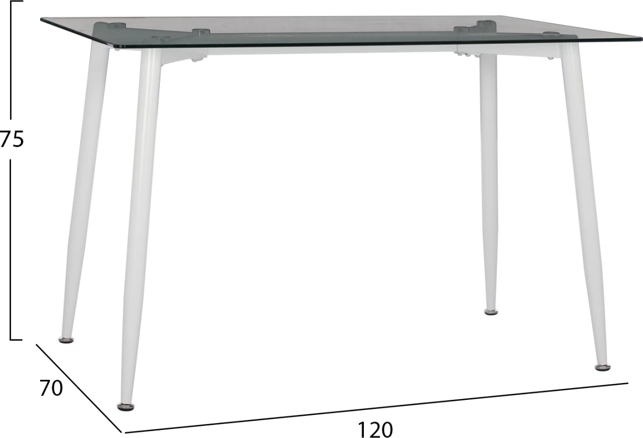 Tavolinë ngrënieje, këmbë metali të bardha, xham, FH8498.03, 120x70x75H
