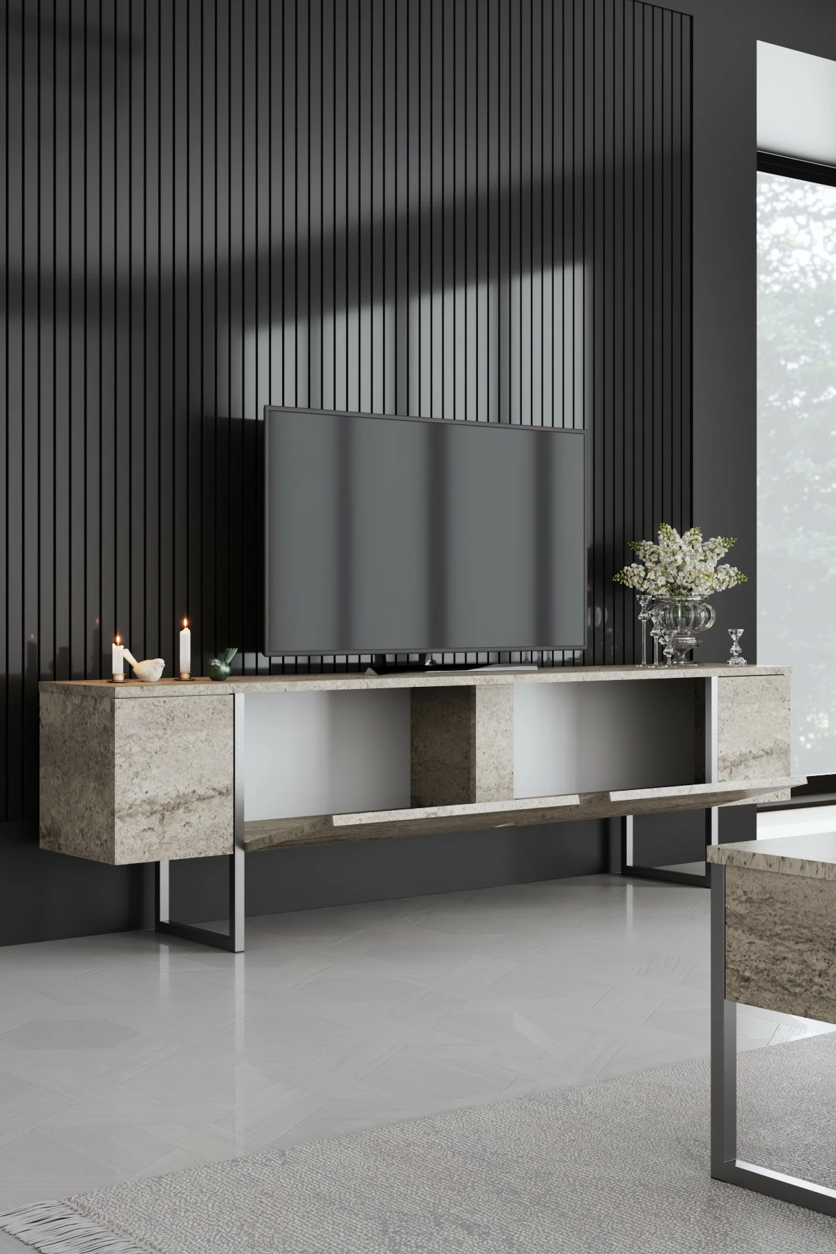 Komodë TV Hanah Home, Luxe, travertin, argjend