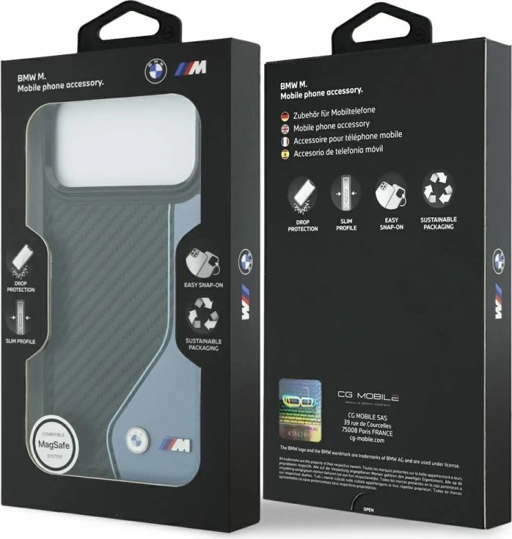 Kapak telefoni BMW M Carbon Logo MagSafe për iPhone 17 Pro Max, kaltër