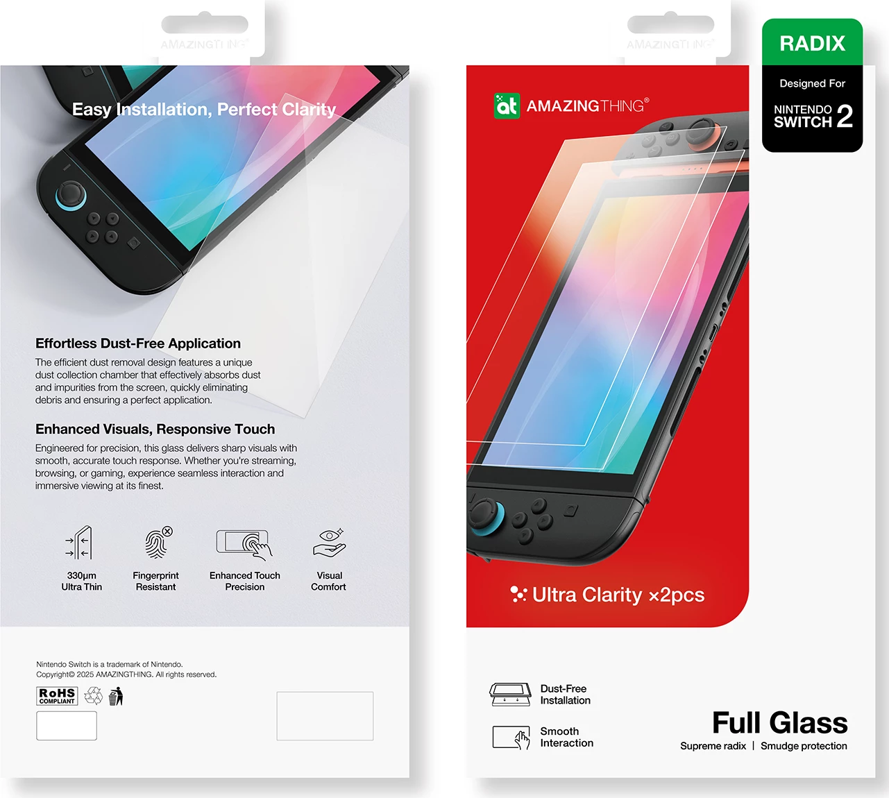 Mbrojtës ekrani tempered glass AmazingThing Radix Full Glass për Nintendo Switch 2, 2 copë