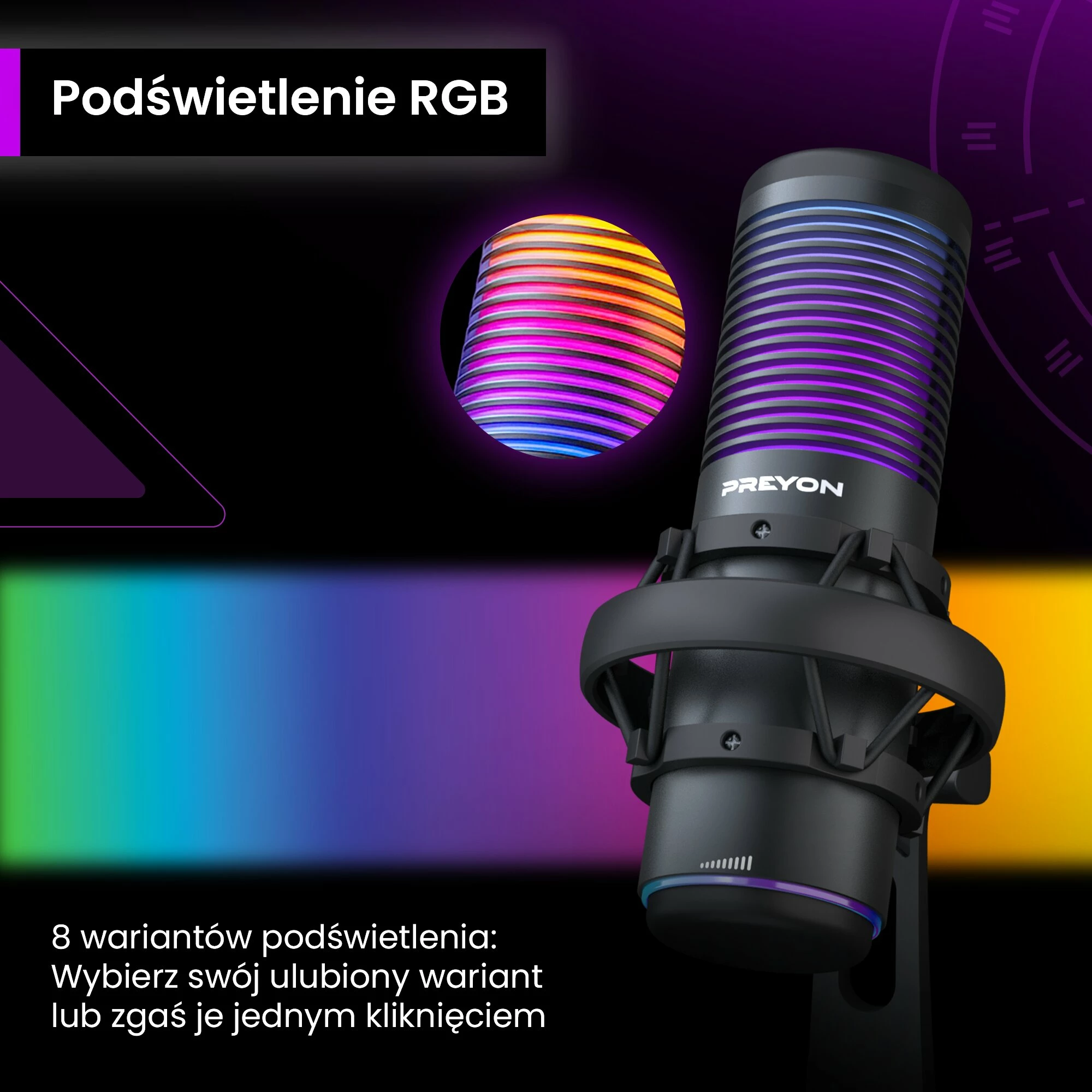 Mikrofon gaming USB PREYON Osprey Scream POS43B, RGB, cardioid/omnidirectional, me krah dhe kapëse tavoline, i zi