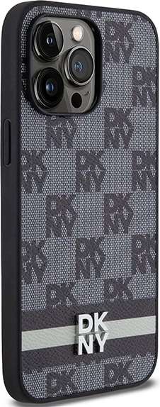Mbështjellës DKNY Leather Checkered Mono Pattern & Printed Stripes për iPhone 14 Pro Max, i zi