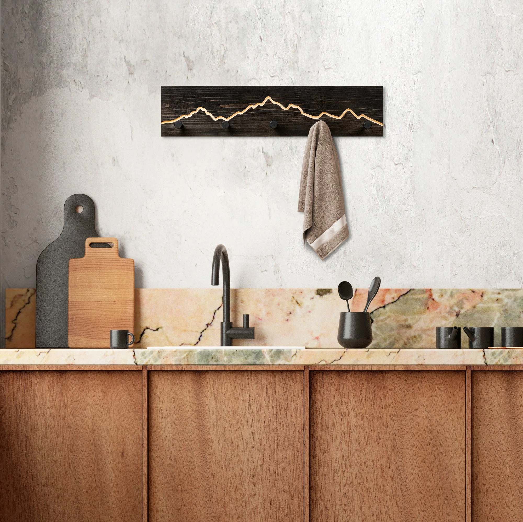 Varëse muri prej druri Wallity, Mountain 1, e zezë, 60x14x5cm