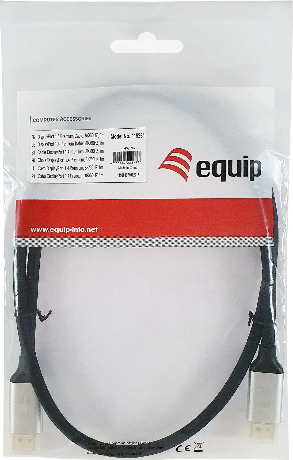 Kabëll DisplayPort 1.4 Equip, 3m, Alumin, Zi