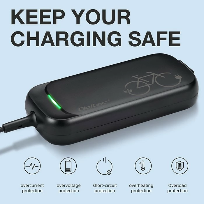 Karikues biçiklete elektrike Qoltec 50334, 42V 2A, për bateri 36V, i zi