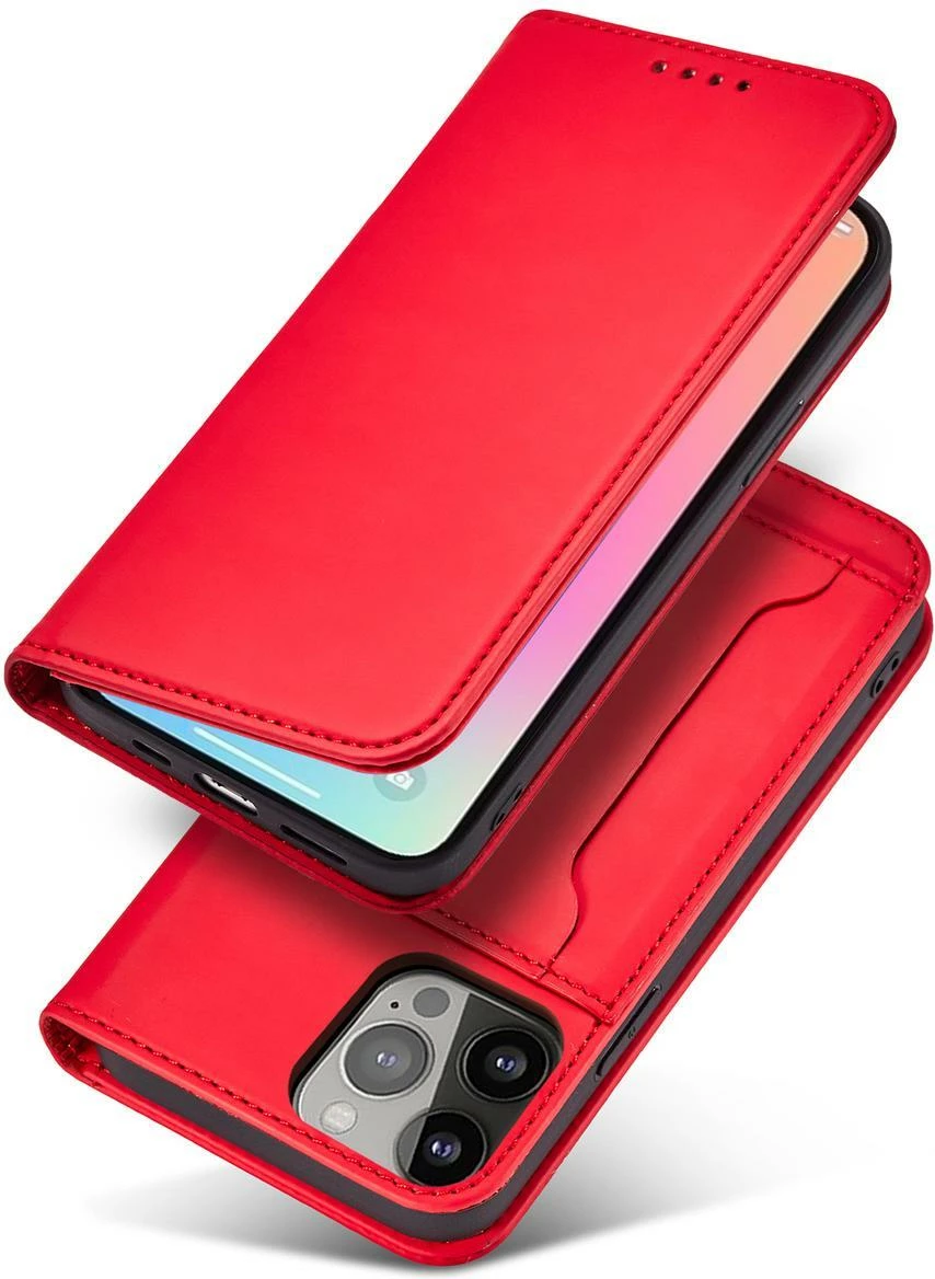 Mbështjellës magnetik Hurtel Magnet Card Case për iPhone 14 Plus, portofol, me mbajtëse, i kuq