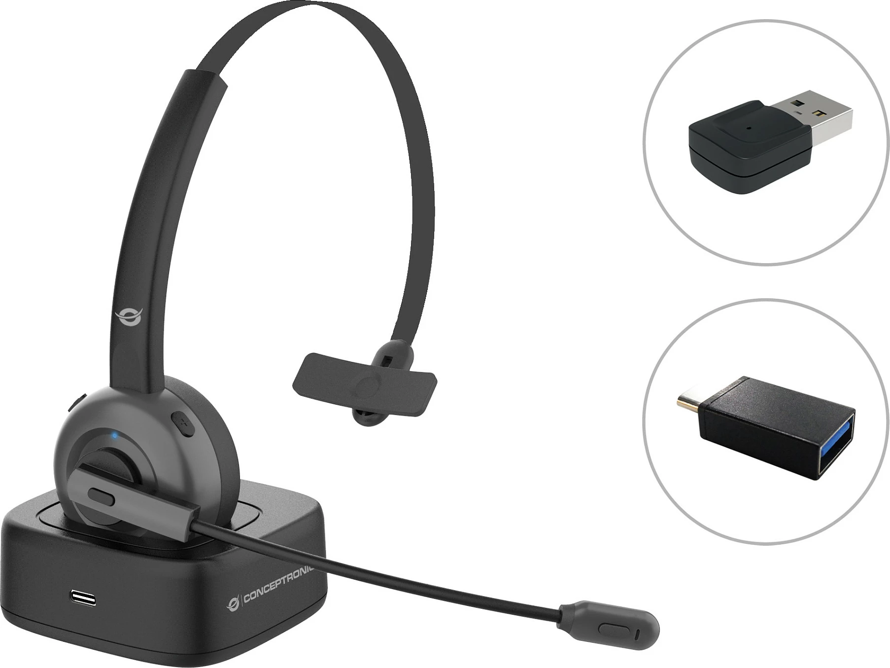 Kufje Bluetooth Conceptronic POLONA03, monaurale, me dok karikimi, 22h, të zeza