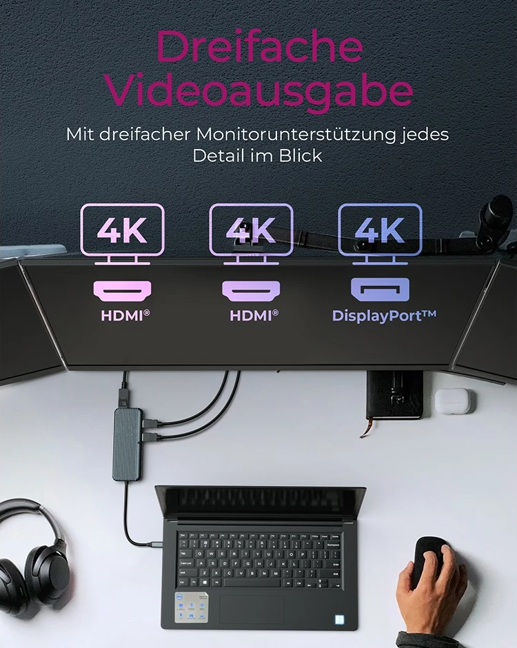 Stacion dokimi ICY BOX, USB Type-C, 100W, 2x HDMI, 1x DisplayPort, Ethernet, i zi/gri