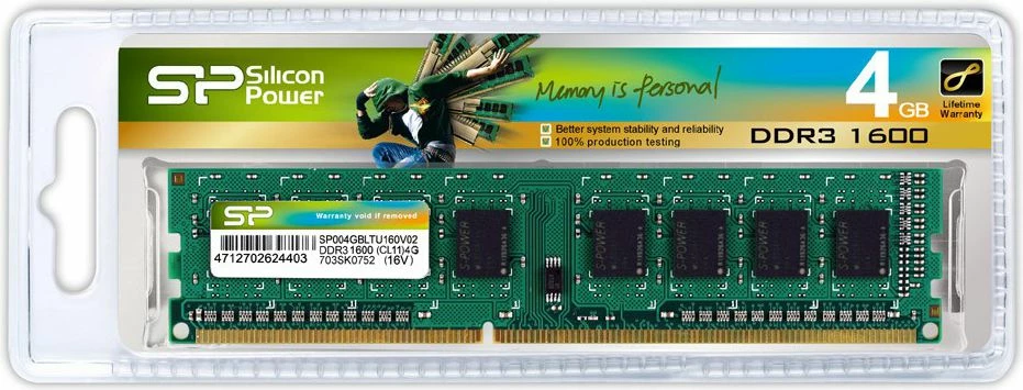 RAM Memorje Silicon Power SP004GBLTU160N02 DDR3 4 GB 1600MHz CL11 UDIMM, e gjelbër