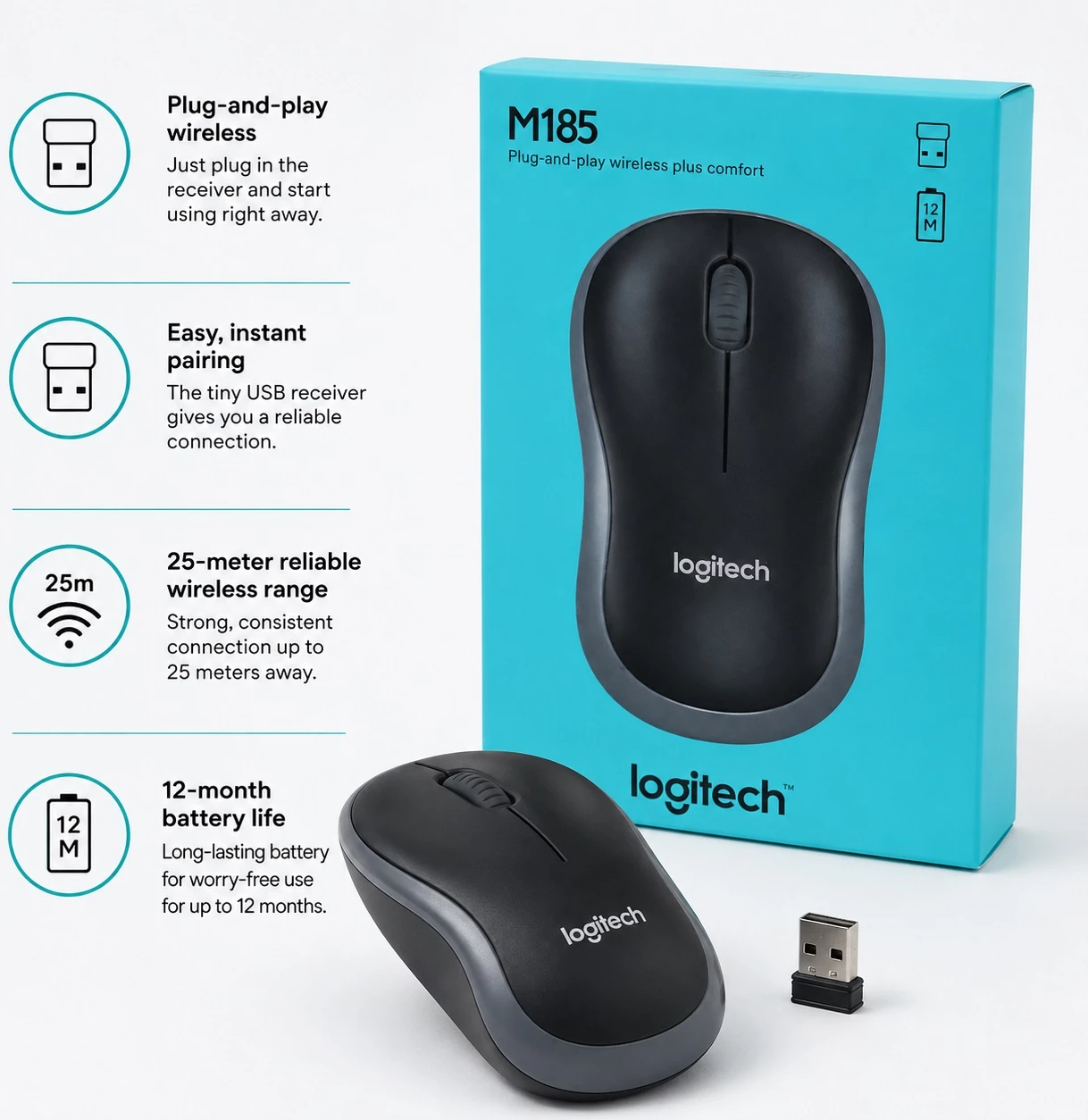 Maus Wireless Logitech M185 me Nano Marrës USB - i zi/gri