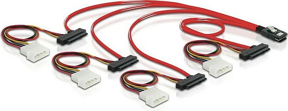 Kabllo mini SAS DeLOCK 83146, SFF-8087 në 4x SFF-8482, 1 m, me energji Molex 5.25", zezë/kuqe/bardhë