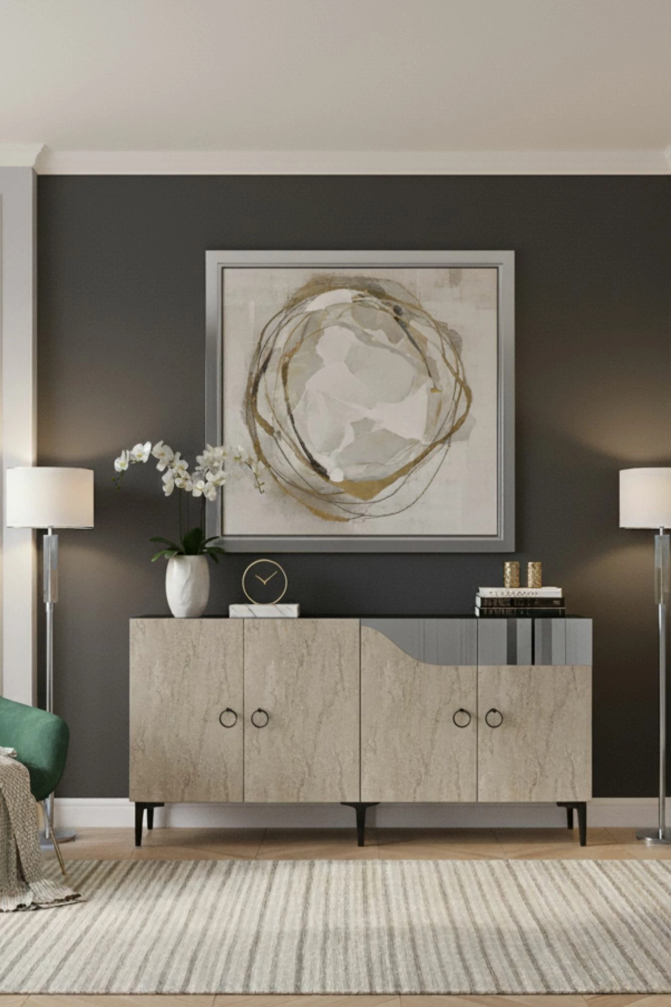 Konsol Skye Decor, Gama 150, e bardhë, travertin, argjend