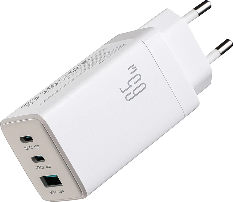 Karikues muri Joyroom JR-TG10 65W GaN, 2x USB-C + USB-A, me kabllo USB-C në USB-C 1.2m 100W, i bardhë