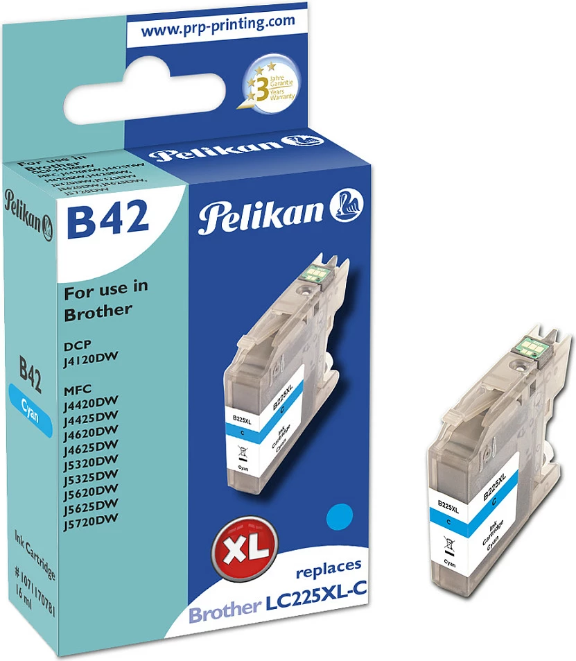 Kartrixh boje Pelikan B42, zëvendësim Brother LC225XL-C, XL 1200 faqe, Cyan