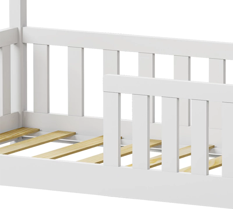 Krevat për fëmijë Montessori me parmakë, dru pishe, ngjyrë e bardhë, 70x140cm
