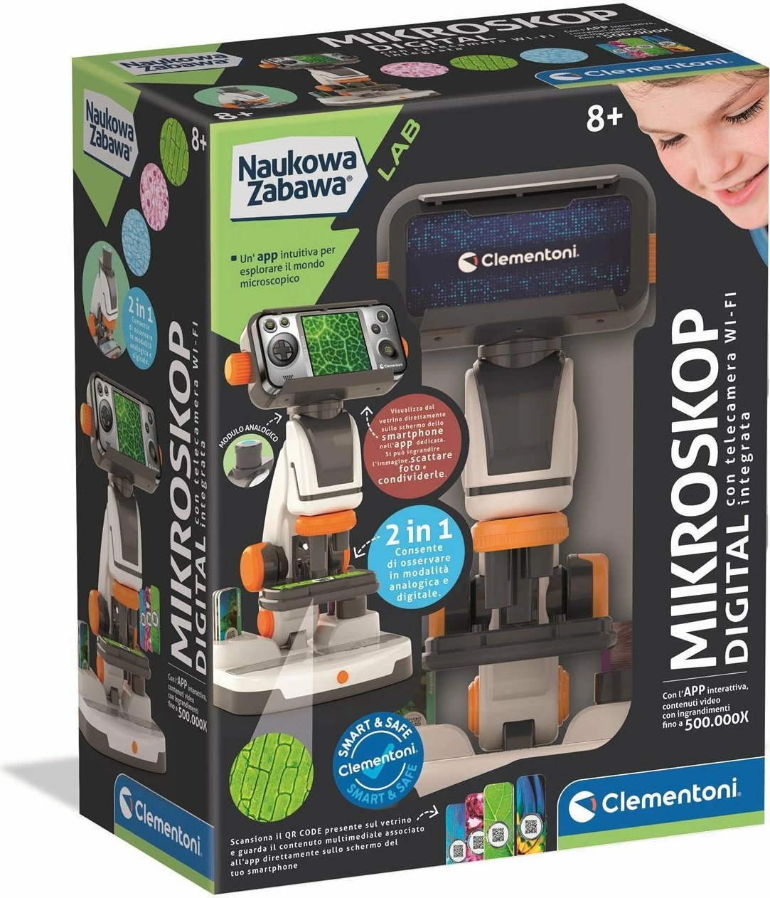 Mikroskop digjital Clementoni 50406 me kamerë Wi‑Fi, 425x, set slajdesh, për fëmijë 8+, shumëngjyrësh