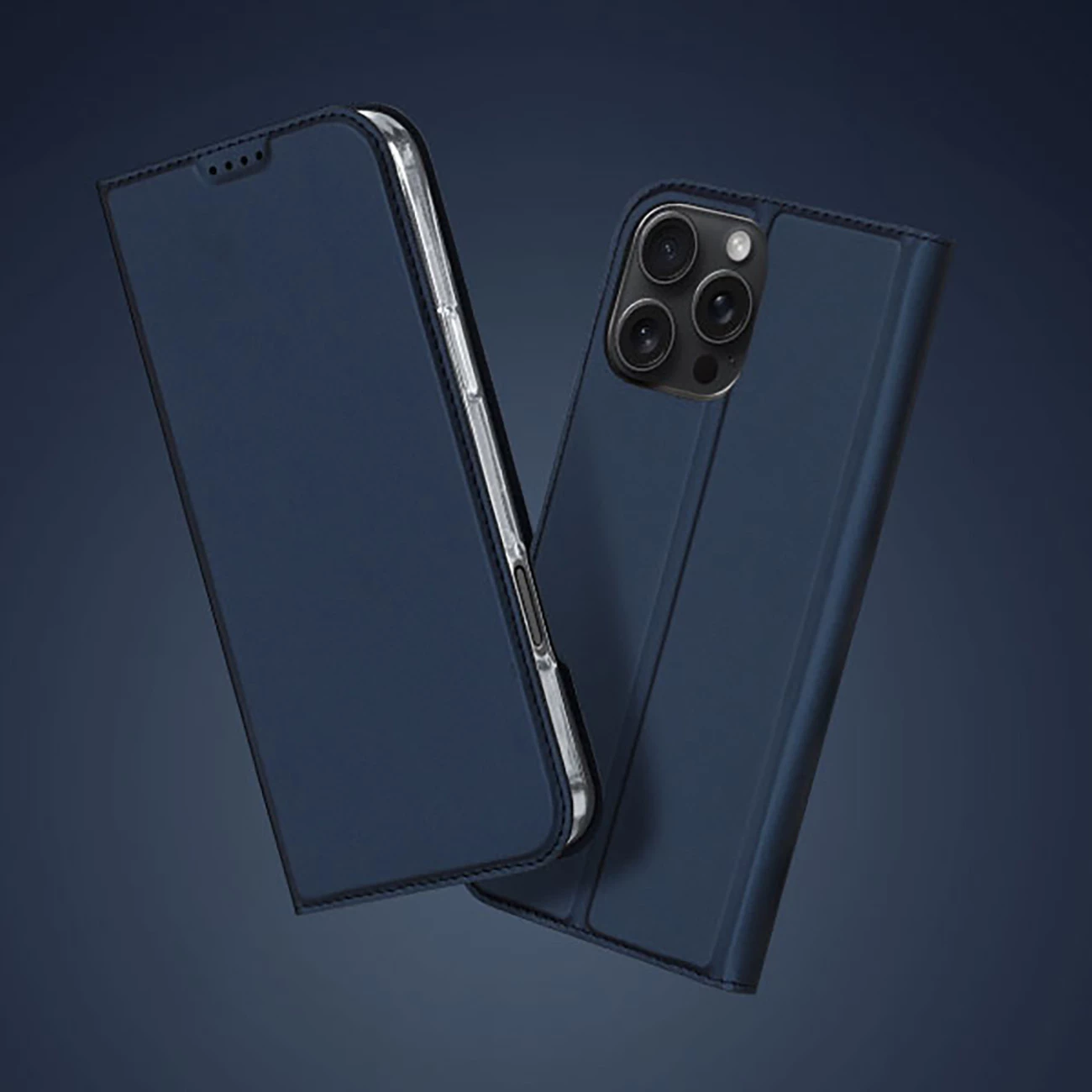 Mbështjellës Dux Ducis Skin Pro për iPhone 16 Pro Max, me kapak dhe xhep për kartela, kaltër