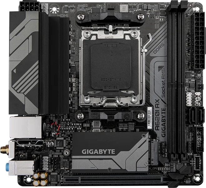 Pllakë amë GIGABYTE H610I, LGA1700, DDR5, mini-ITX, SATA3, DP, USB 3.2 Gen1, e zezë/gri