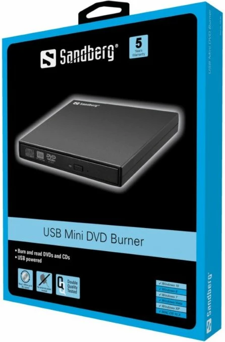 DVD burner ekstern SANDBERG 133-66, USB 2.0, shkrim/lexim CD/DVD, slim, i zi, set me 2 kabllo USB + manual