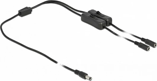 Kabllo furnizimi DC DeLOCK 5.5x2.1 mm mashkull në 2x DC femër me switch, 1 m, e zezë