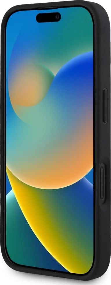 Mbështjellës Guess Hot Stamp 4G Pattern Triangle Metal Logo për iPhone 16, i zi