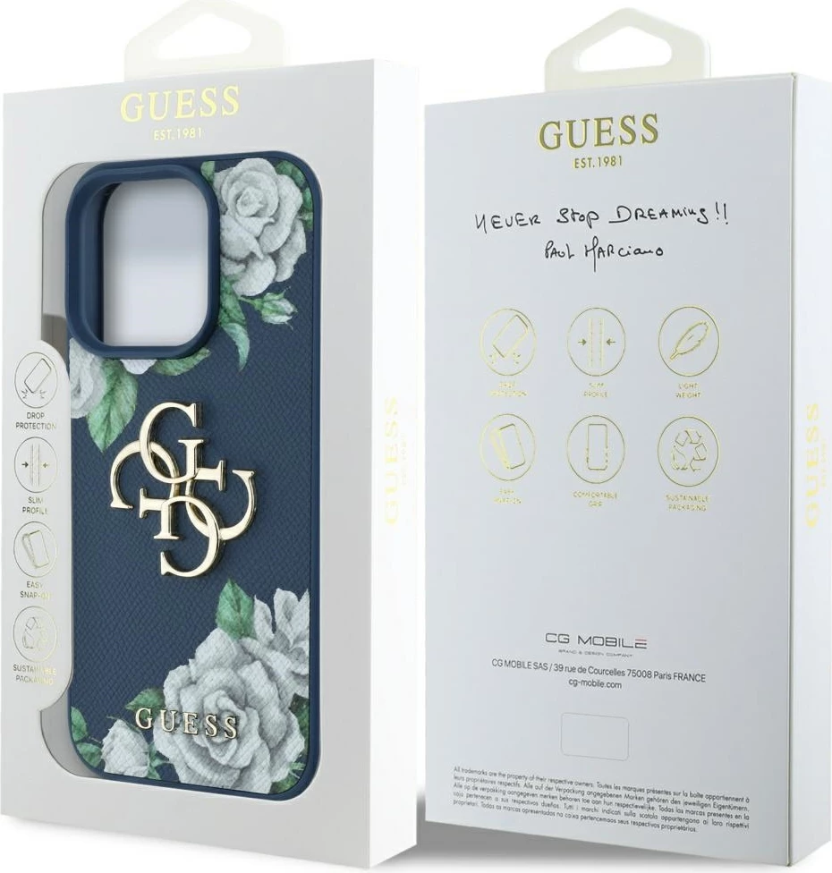 Mbështjellës Guess Grained Roses Big 4G logo për iPhone 16 Pro, Blu