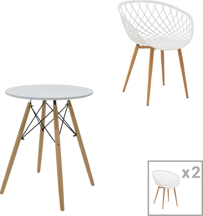 Tavolinë me karrige, ngjyrë e bardhë-natyrale, D60x73cm, set prej 3 copash