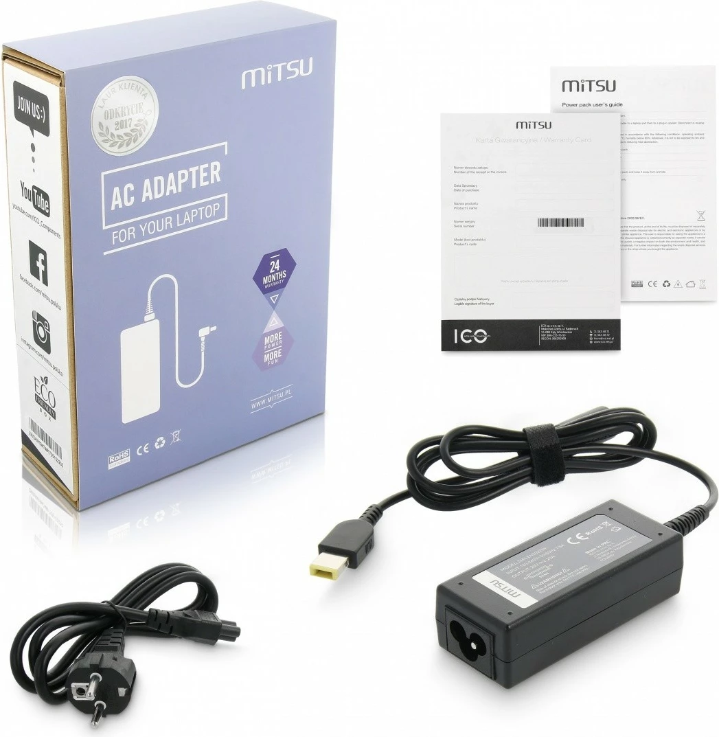 Karikues laptopi Mitsu për Lenovo Yoga, 45W, 20V 2.25A, prizë 11.0x4.5 mm, i zi