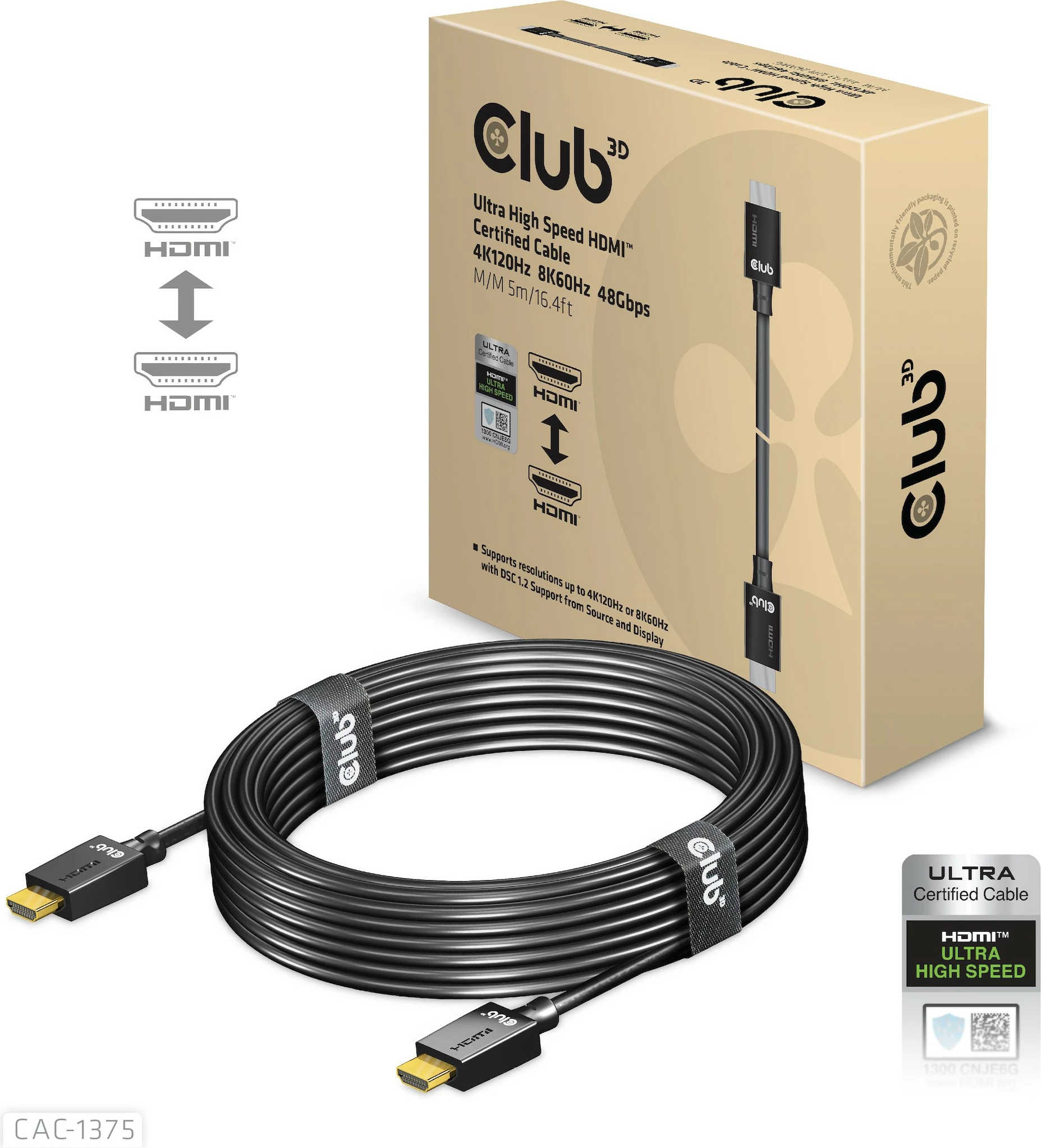 Kabllo HDMI Club3D 2.1 Ultra High Speed 5m, e zezë