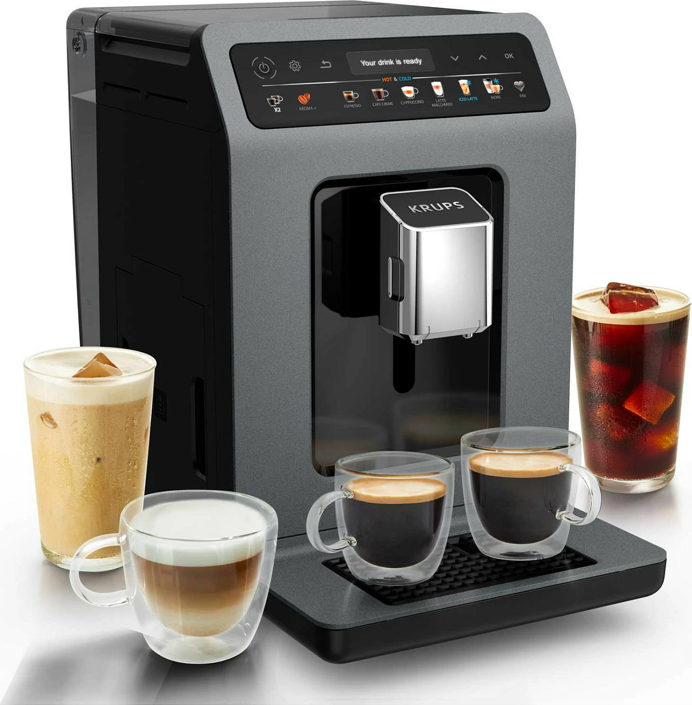 Aparat kafeje espresso Krups EA 898 GF Hot & Cold, fully-auto, 15 bar, mulli i integrum, i zi/hiri