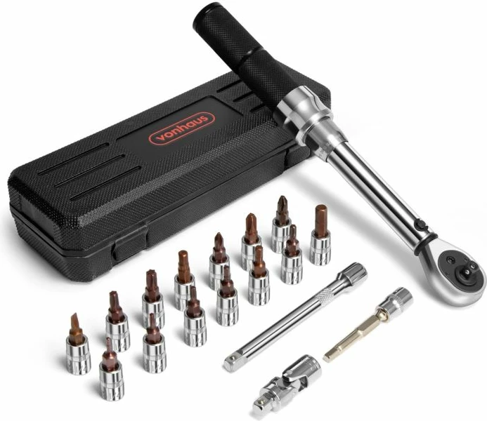 Set veglash për biçikletë VonHaus 3500240, çelës dinamometrik 1/4\" 2–20 Nm, 19 copë, portokalli/gri