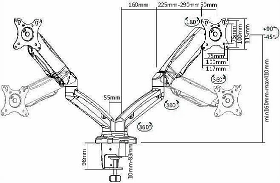 Mbajtës tavoline për 2 monitorë EQUIP, 13-27 inç, VESA 75x75/100x100, me kllampë, i zi