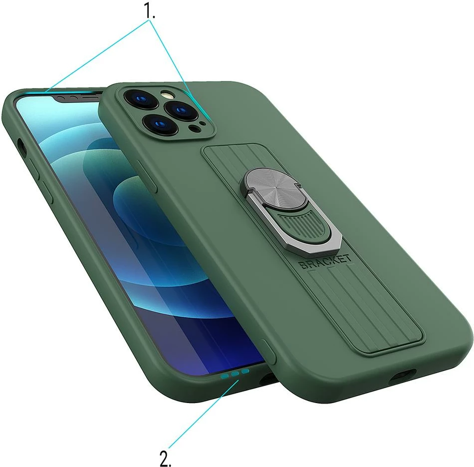 Mbështjellës silikoni Hurtel Ring Case me mbajtëse gishti dhe stand për Samsung Galaxy S21 Ultra 5G, e gjelbër e errët