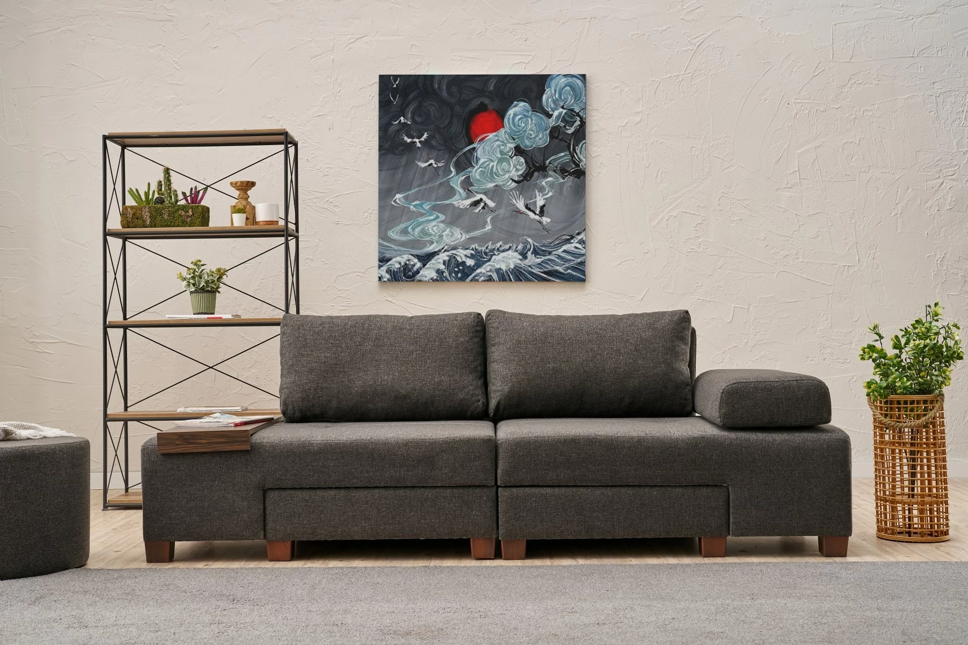 Krevat-sofa treshe, pëlhurë lino, ngjyrë antracit, Perenna