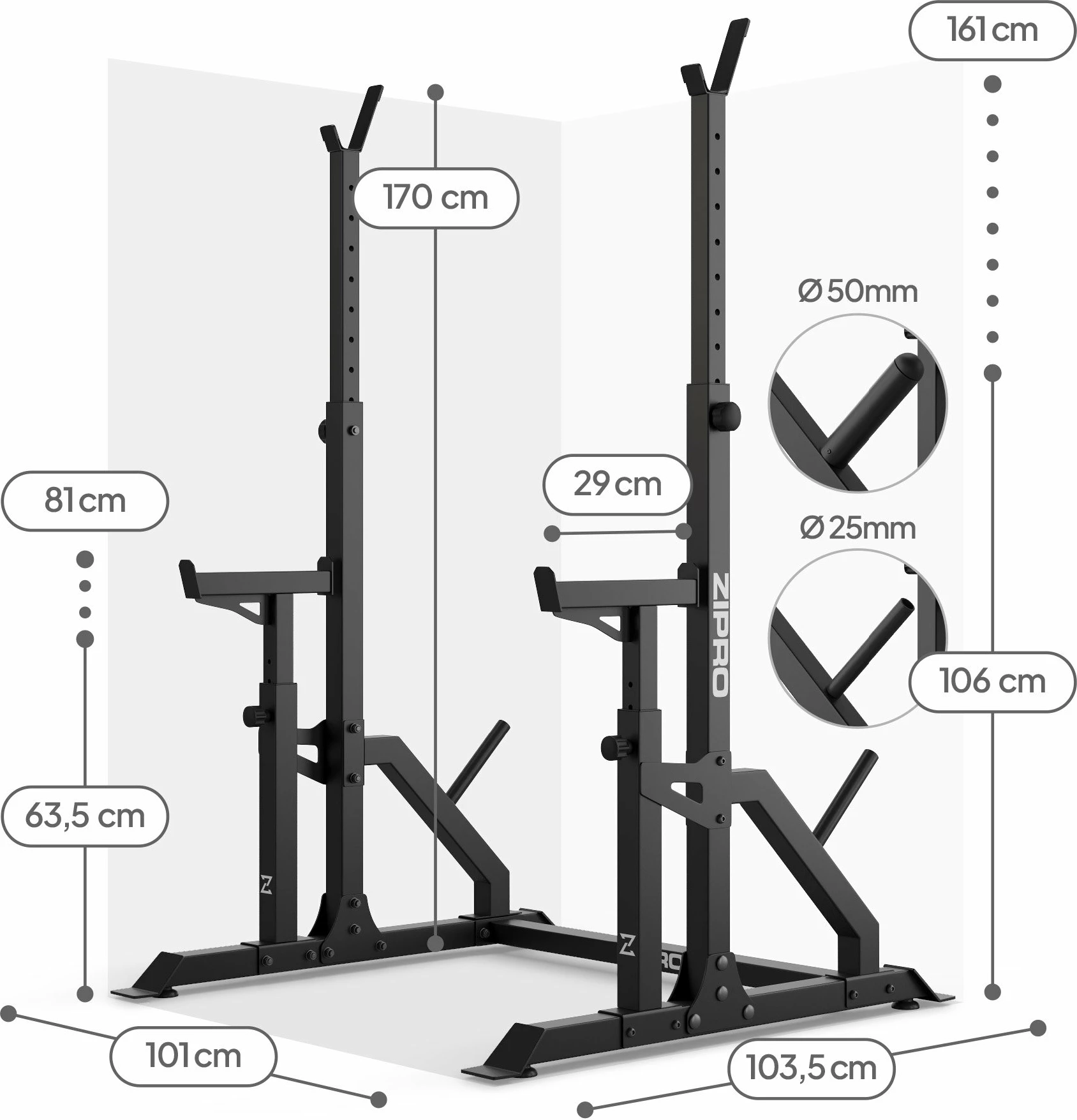 Rack për shtangë Zipro LIFT, i rregullueshëm me safety dhe mbajtëse për disqe, 320 kg, i zi