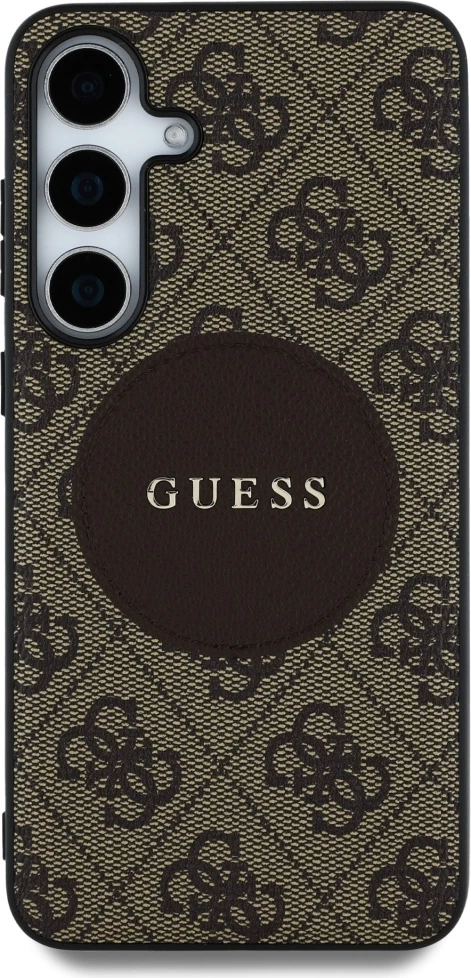 Mbështjellës Guess 4G Round Patch Classic Logo MagSafe për Samsung Galaxy S25, Kafe