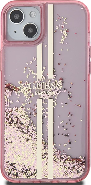 Mbështjellës Guess Liquid Glitter Gold Stripes për iPhone 15 Plus / 14 Plus, Rozë