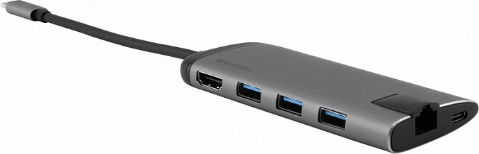 USB-C hub multiport Verbatim 49142, 4K HDMI, RJ-45 LAN, 2x USB-A 3.2 Gen 1, 1x USB-C, microSD, USB PD, zi/argjend
