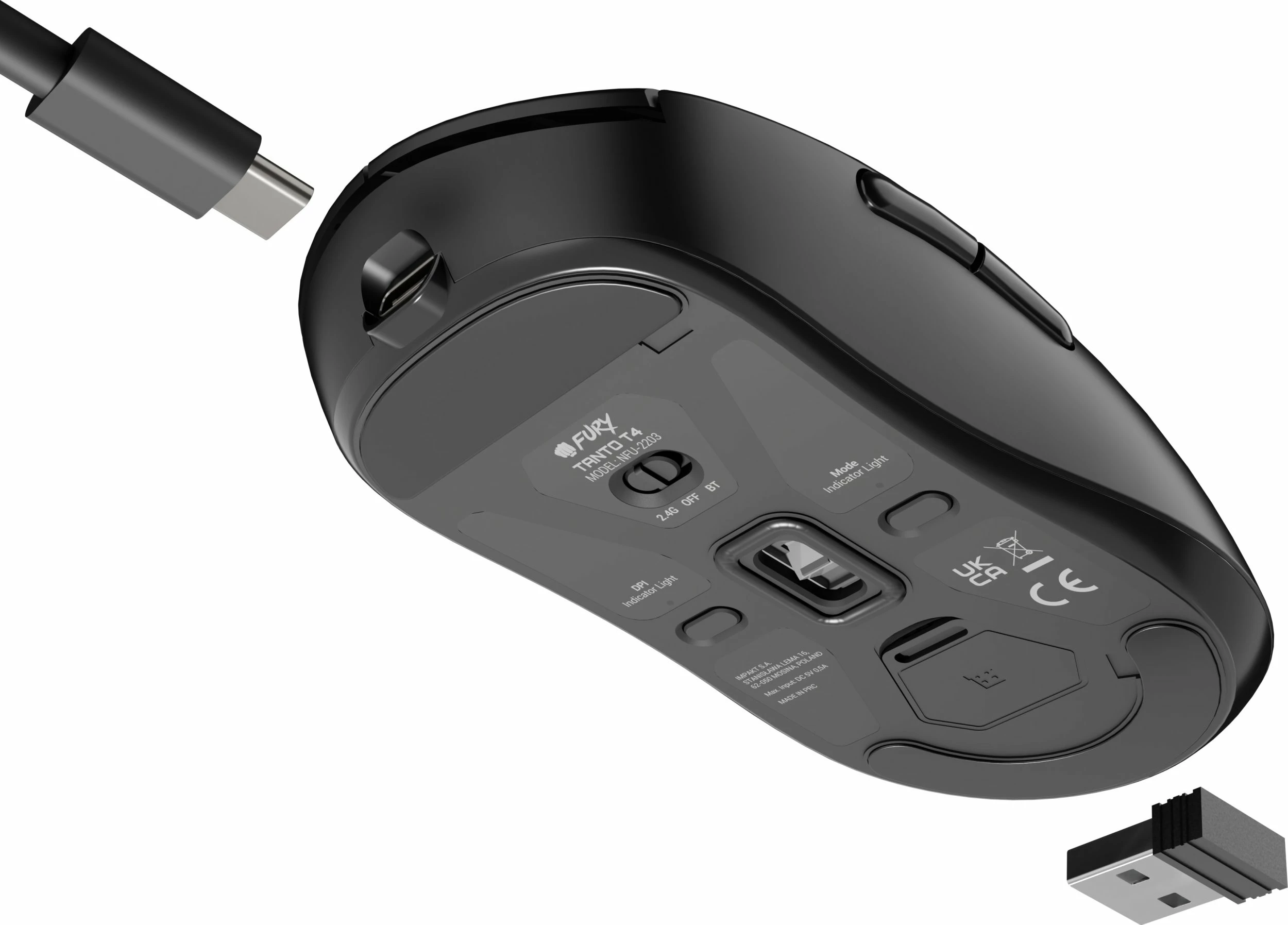 Maus gaming wireless Fury Tanto T4 (NFU-2203), 12000 DPI, 7 butona, Bluetooth/2.4GHz/USB, e zezë