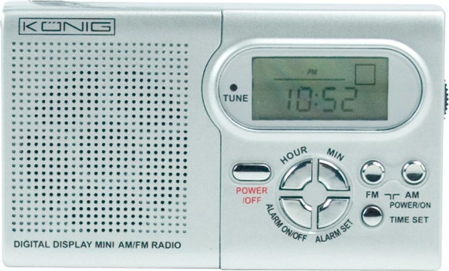 Radio Mini FM/MW me display digjital/orë/alarm nga firma Konig per perdorim ne shtepi, banes, ne zyre, ne park