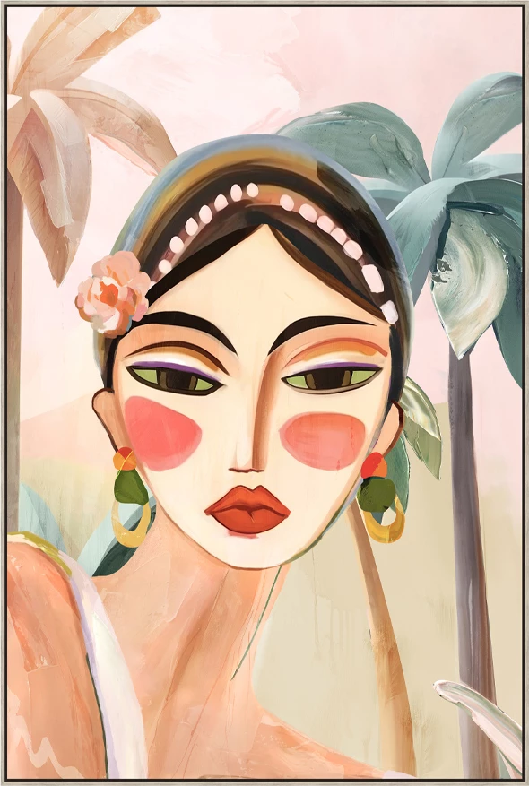 Pikturë dekorative Tropical Lady, shumëngjyrëshe, dru natyral, 60x90x5cm